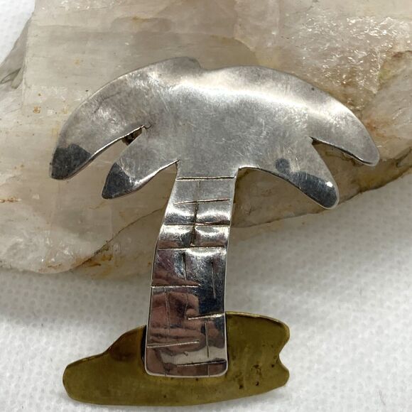 Vintage Palm Trees Sterling Silver 925 & Brass Matching Earring Brooch Set 9g - Picture 3 of 10